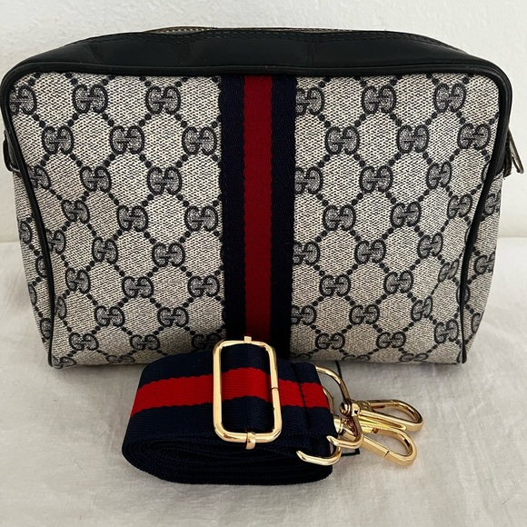 Gucci Web Stripe Cosmetic Pouch Blue Unbrand Strap D-rings Vintage 1970s-1984 - Picture 16 of 17